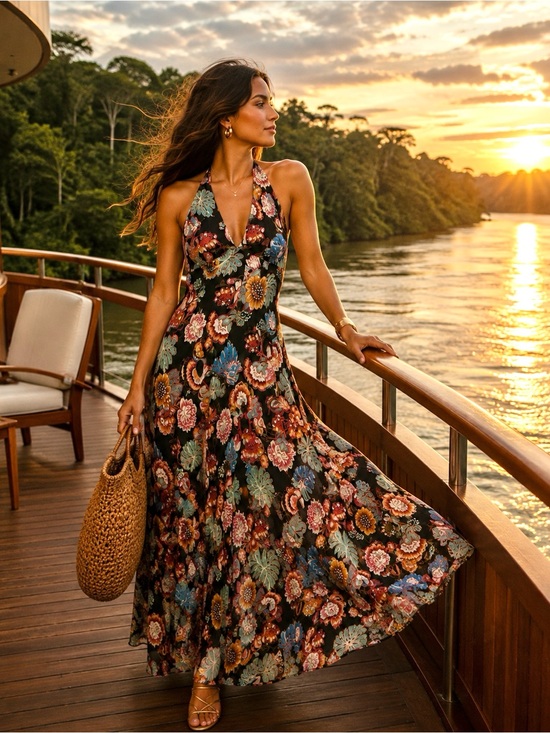 FARM Rio Dresses & Skirts - Farm Rio Black Tropical Floral Halter Maxi Dress - Sz Small 🌺